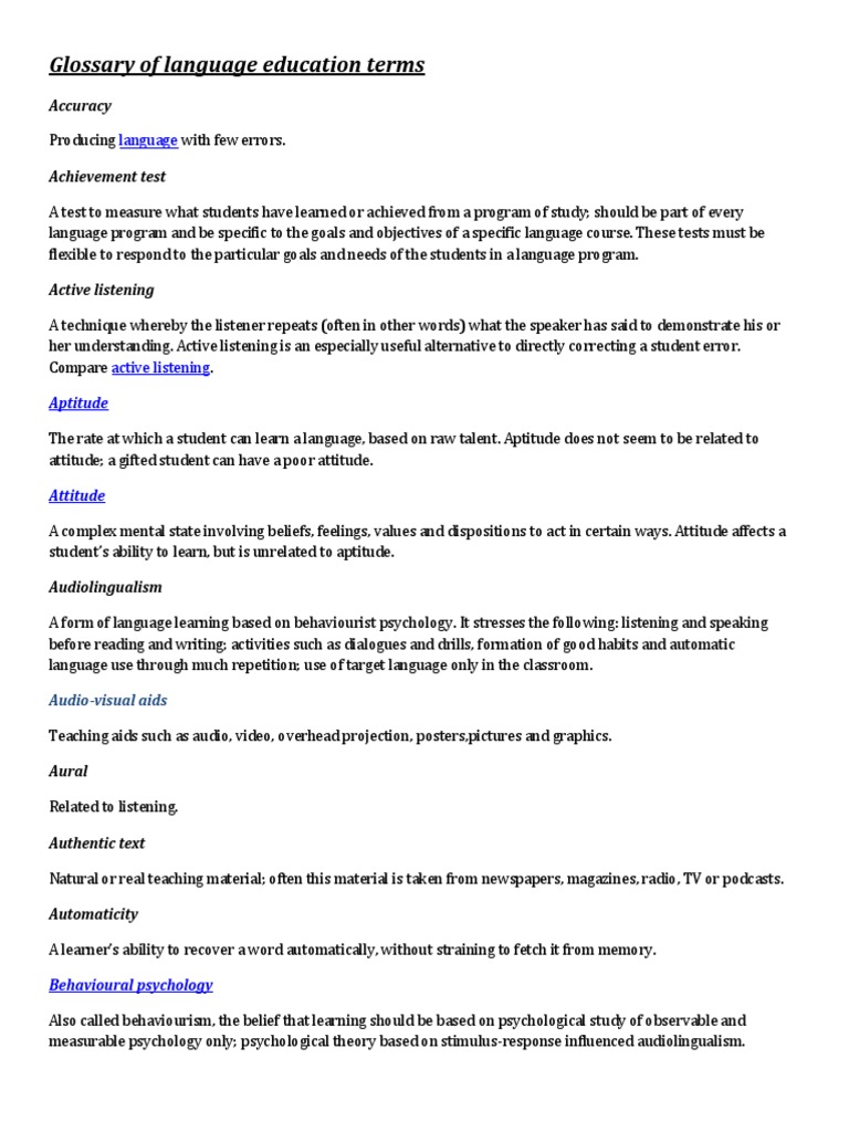 Language Education Terms Glossary | PDF | Language Education | Teachers