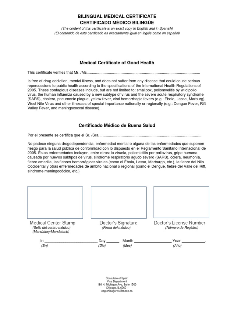 Bilingual Medical Certificate Certificado Médico Bilingüe Download