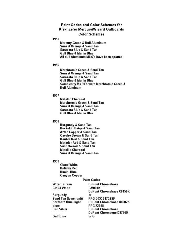 Mercury Outboard Paint Color Codes | PDF | Technology & Engineering