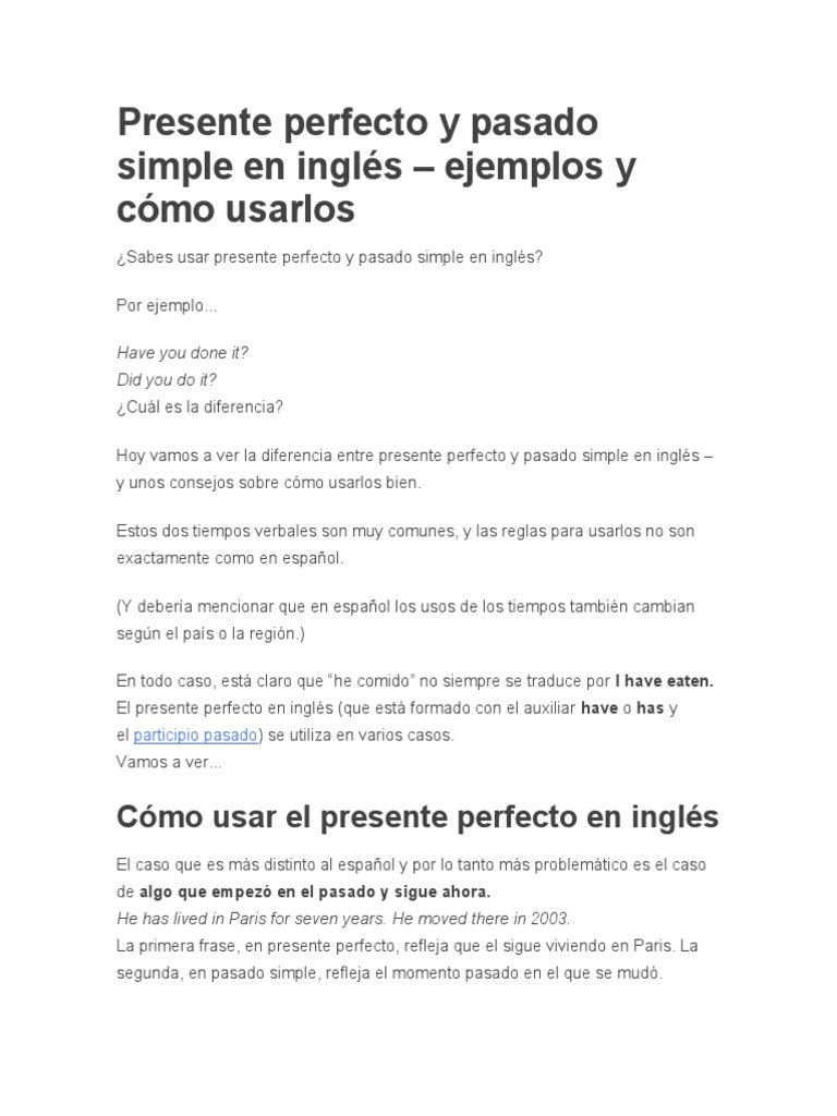 Presente Perfecto y Pasado Simple en Inglés | PDF | Unidades Semánticas ...