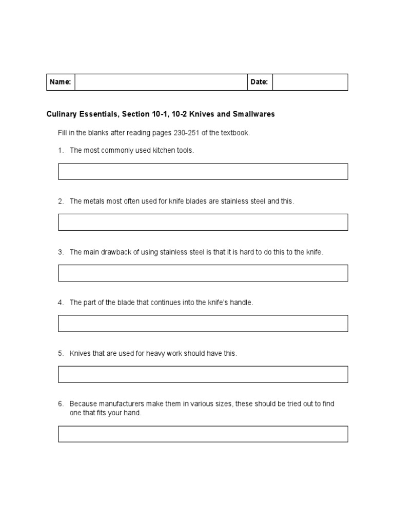 10 Study Guide Chapter 10 Knives and Smallwares PDF Knife Blade