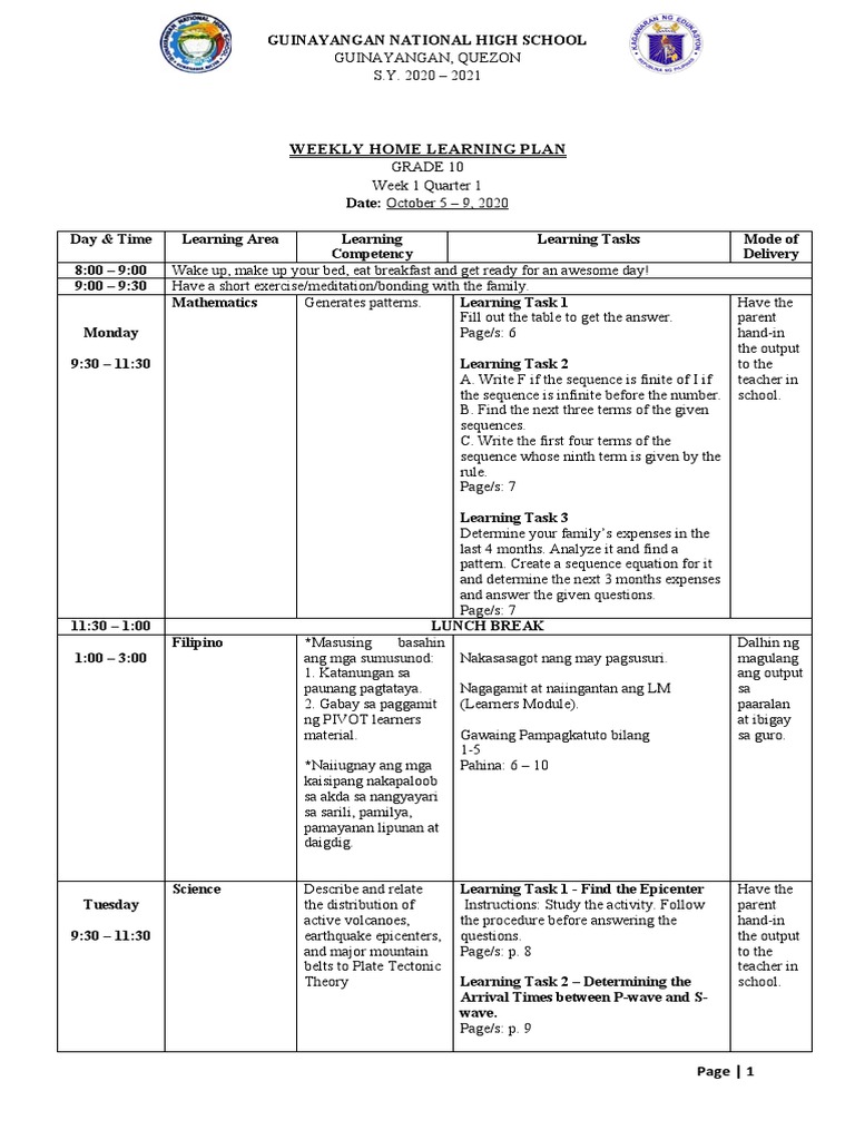 g10 Weekly Home Learning Plan PDF Nature