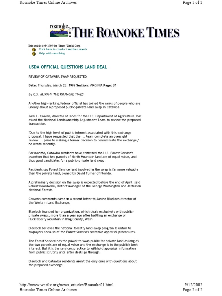 Usda Official Questions Land Deal: Date: Thursday, March 25, 1999 ...