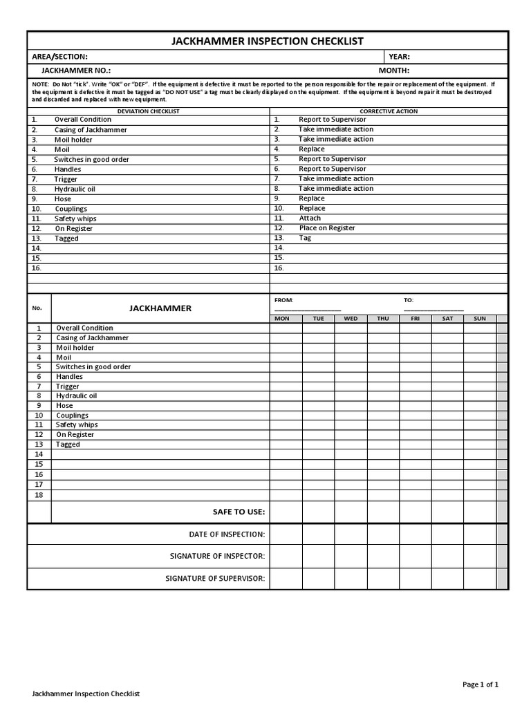 Jackhammer Inspection Checklist PDF