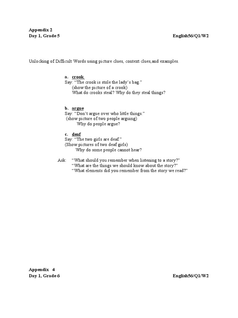 Appendix 2 Day 1, Grade 5 English56/Q1/W2 | PDF | Foreign Language ...