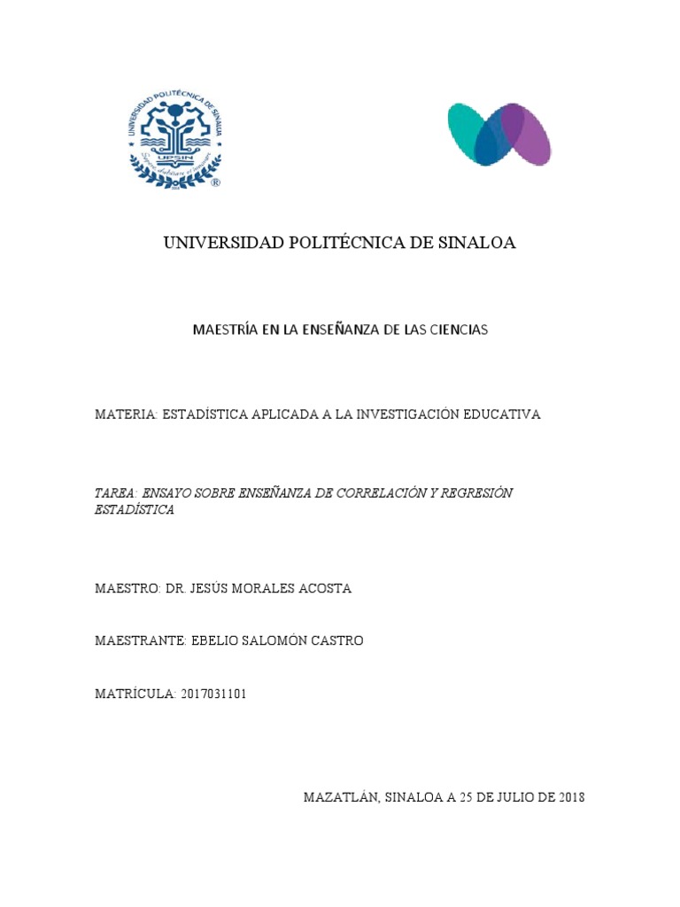 Tarea Ensayo Sobre Correlaci n Y Regresi n Lineal Ebelio Salom n PDF