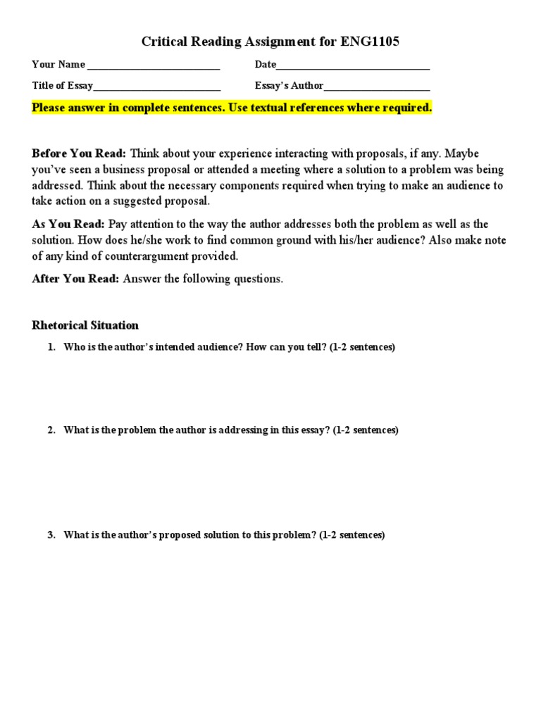 ENG1105 Critical Reading Assignment Guide | PDF | Language Arts ...