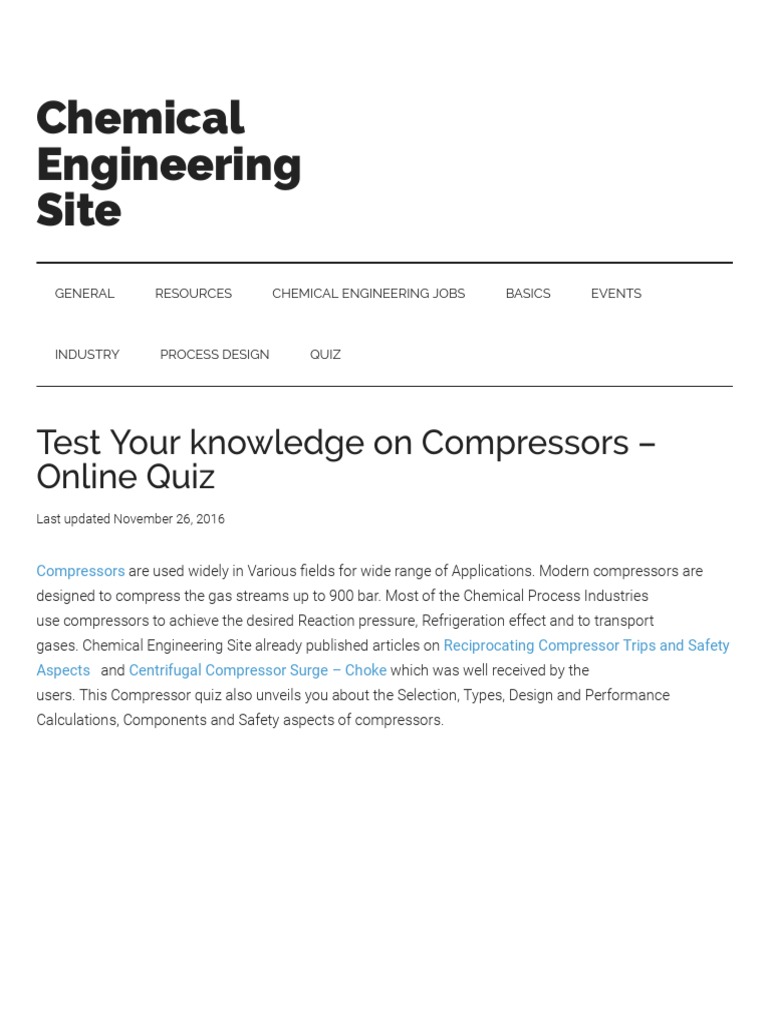 Test Your Knowledge On Compressors Online Quiz Chemical Engineering
