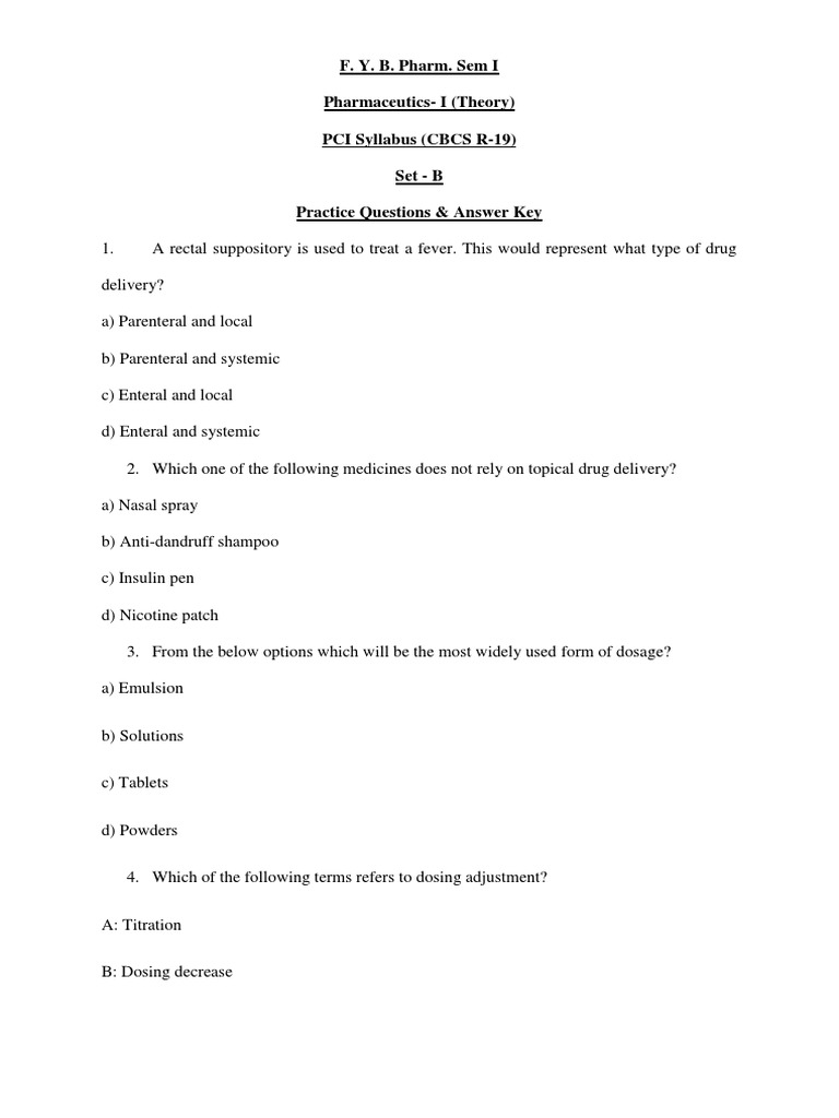 Pharmaceutics I SET B FYBPharm. Sem I Practice Questions Answerkey