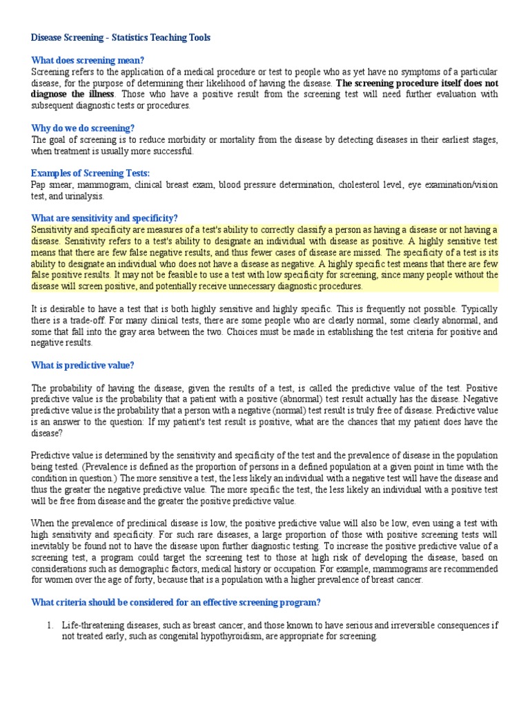 Disease Screening: Key Concepts and Tools | PDF | Sensitivity And ...