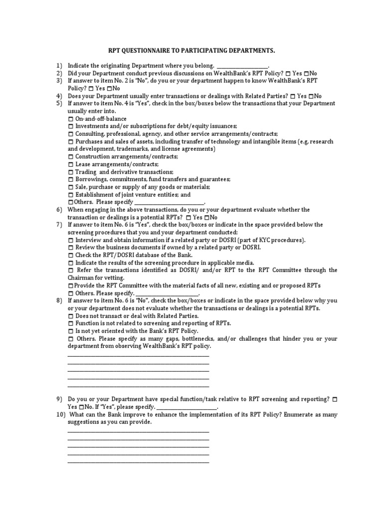 RPT Questionnaire for Departments | PDF | Securitization | Joint Venture