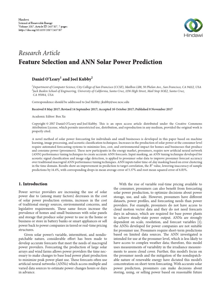 Feature Selection and ANN Solar Power Prediction | PDF | Root Mean ...