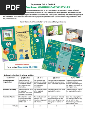 English 9.Performance Task. Tri-Fold Brochure.Communicative Styles.WEEK 10.2 pages