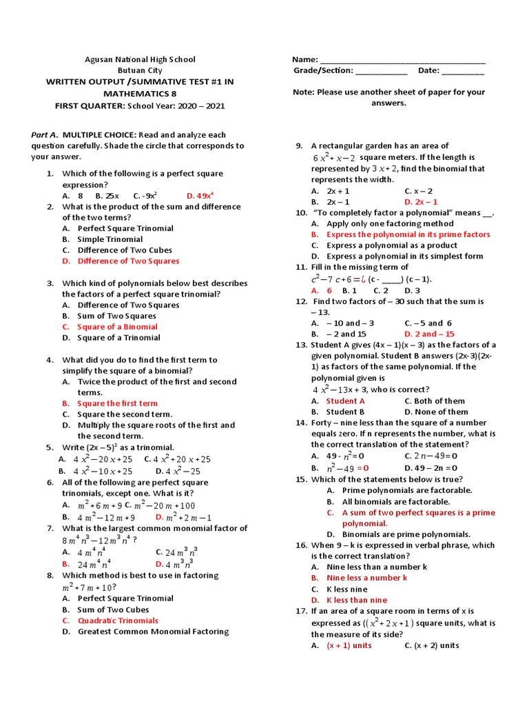 Math 8 Summative Test Q1 2020-2021 | PDF | Factorization | Summation