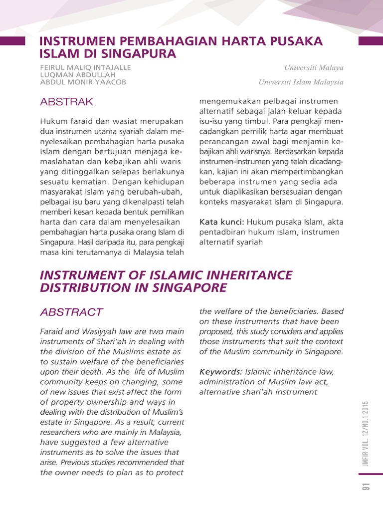 Instrumen Pembahagian Harta Pusaka Islam Di Singapura Pdf