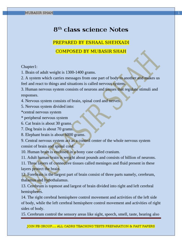 8th Science Notes by Mubasir | PDF | Neuron | Telescope