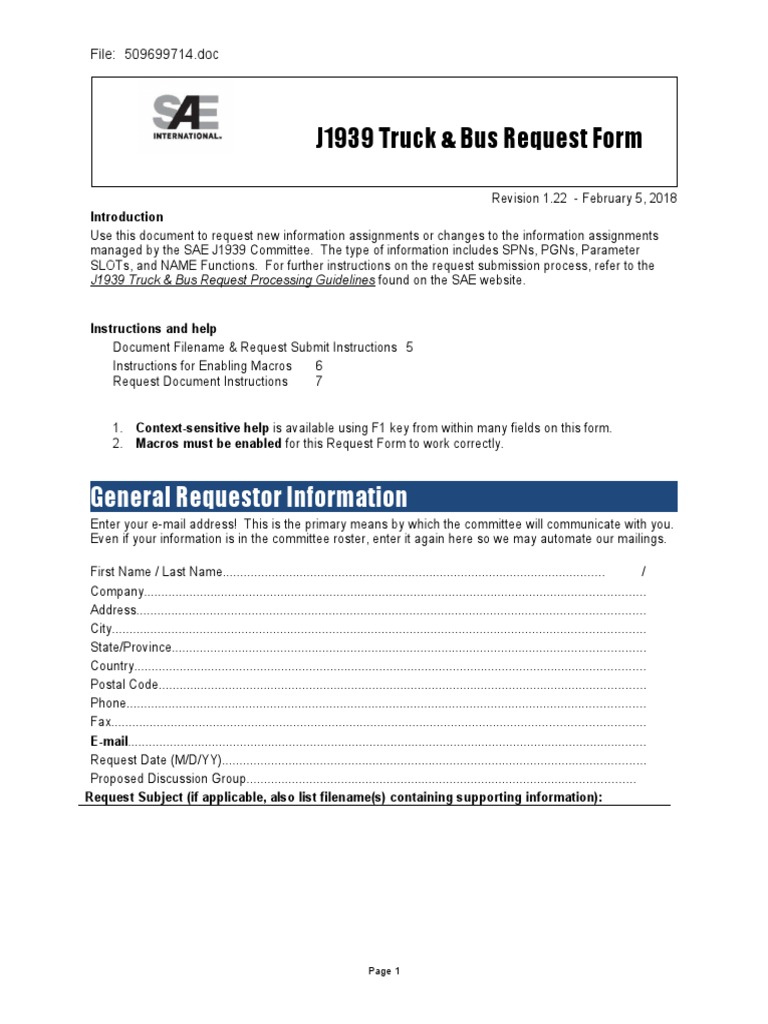 J1939 Truck & Bus Info Request Form | PDF | Microsoft Word | Filename