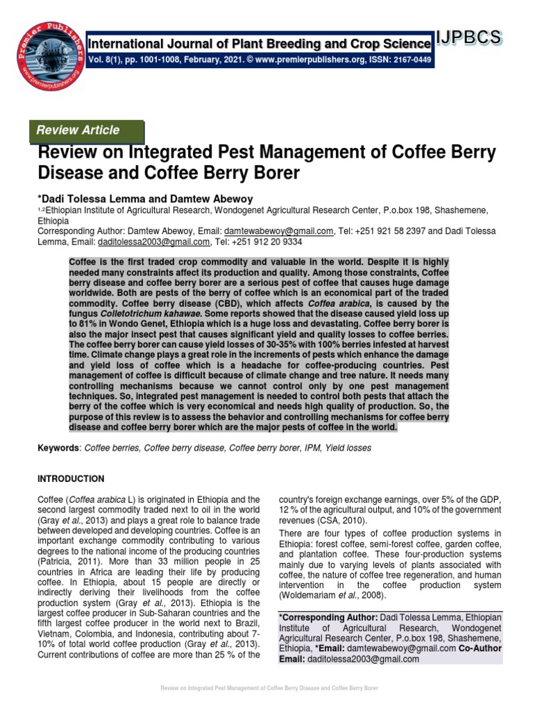 Review On Integrated Pest Management of Coffee Berry Disease and Coffee