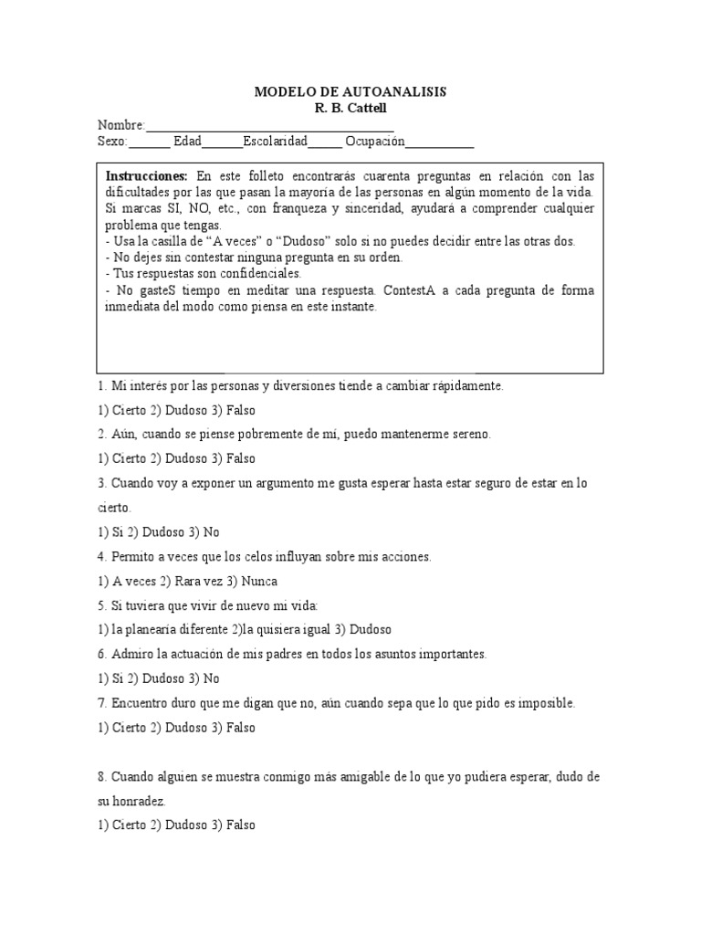 Modelo de Autoanálisis Personal | PDF | Relaciones personales, crianza ...