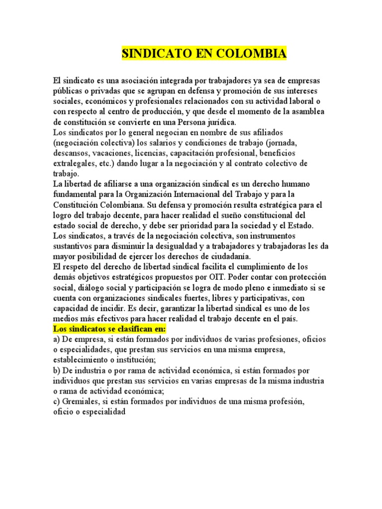 Sindicato en Colombia | PDF | Sindicato | La negociación colectiva