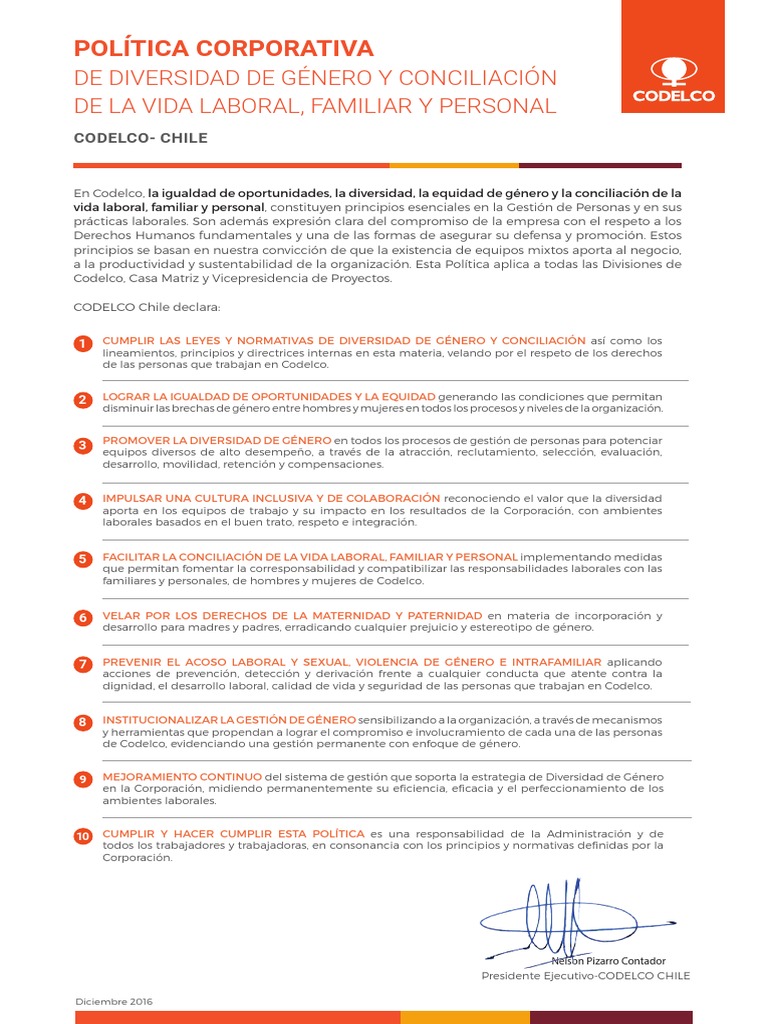 Política de Igualdad de Género en Codelco | PDF | Igualdad de género ...