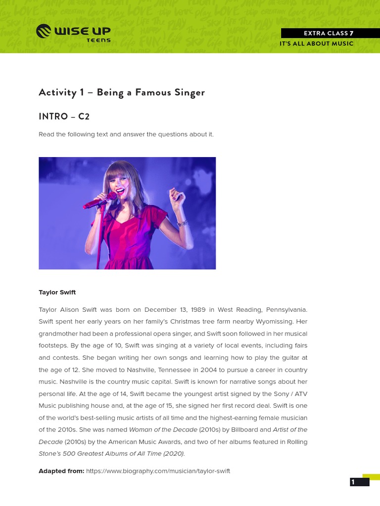 Activity 1 - Being A Famous Singer: Intro - C2 | PDF | Taylor Swift ...