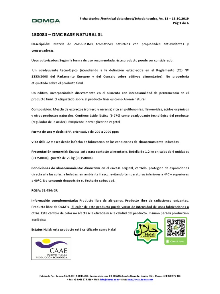 DMC Base Natural SL: Ficha Técnica | PDF | Alimentos | Sustancias químicas