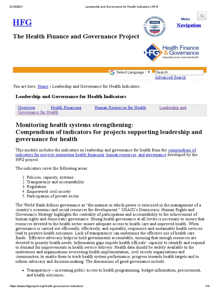 Leadership and Governance For Health Indicators - HFG | PDF ...