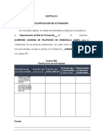 Planificación de actividades del pasante en CANTV