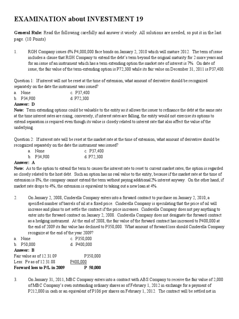 Investment Examination Questions and Answers | PDF | Interest | Option ...