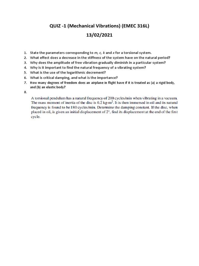 Mechanical Vibrations Quiz Questions | PDF