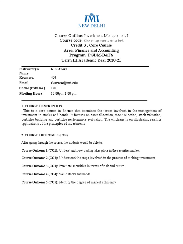 Investment Management Course Outline | PDF | Investing | Valuation ...