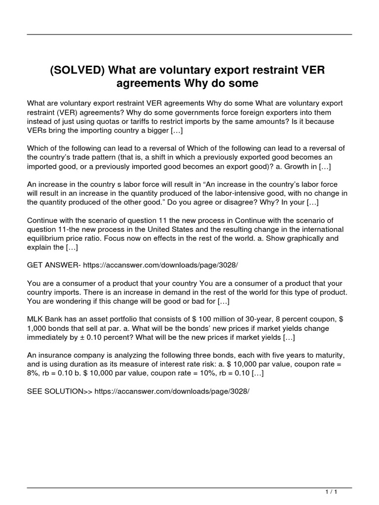 Solved What Are Voluntary Export Restraint Ver Agreements Why Do Some