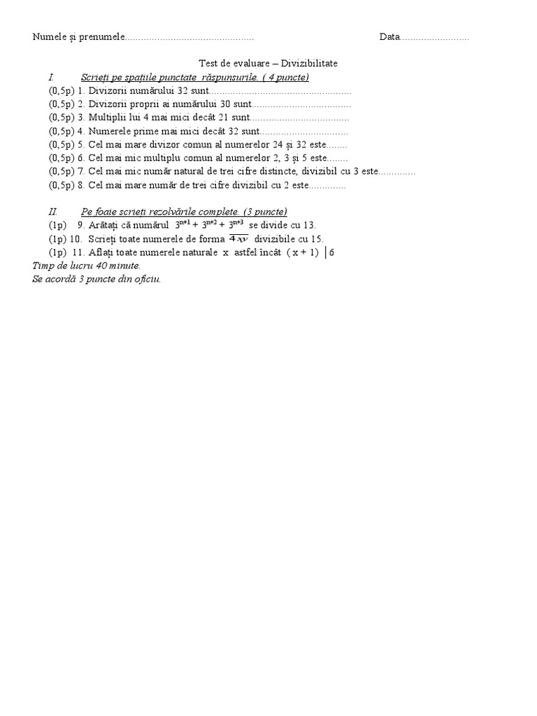 Test Divizibilitate 5 | PDF