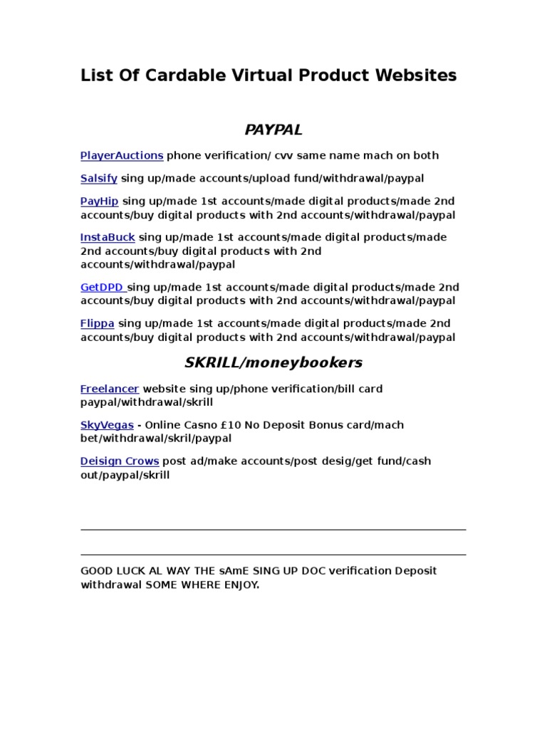 List of Cardable Virtual Product sites PDF