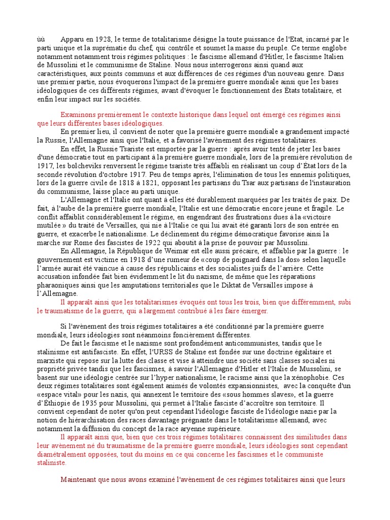 Points Communs Et Différences Des Régimes Totalitaires Dissertation Dissertation Régimes Totalitaires | PDF | Totalitarisme | Fascisme