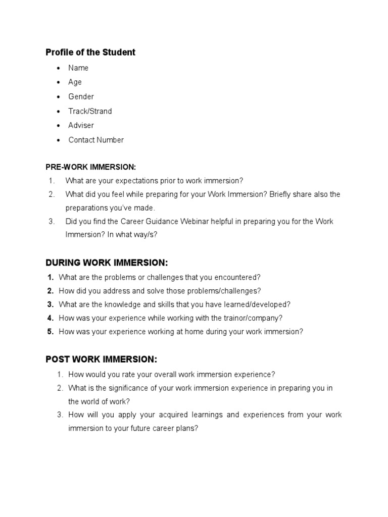 Student Work Immersion Experience Guide | PDF