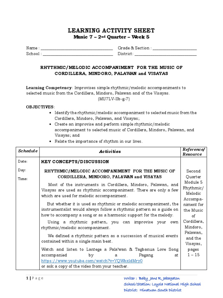 Learning Activity Sheet: Music 7 - 2 Quarter - Week 5 | PDF | Rhythm ...