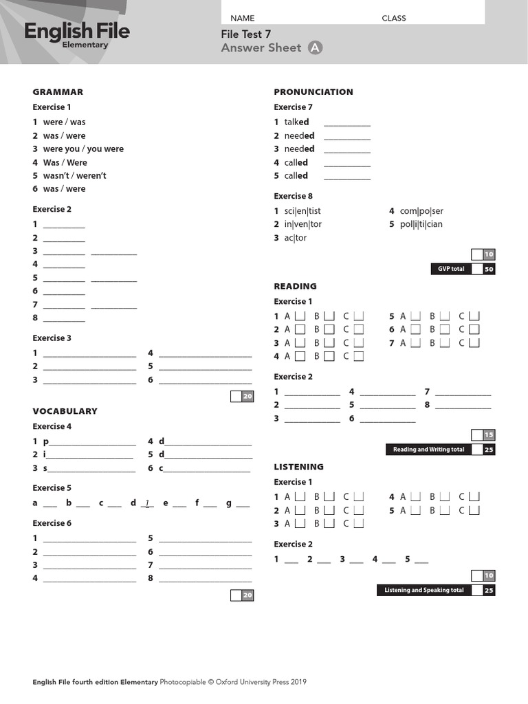 EF4e File Test 7A Answer Sheet | PDF | Human Communication | Languages