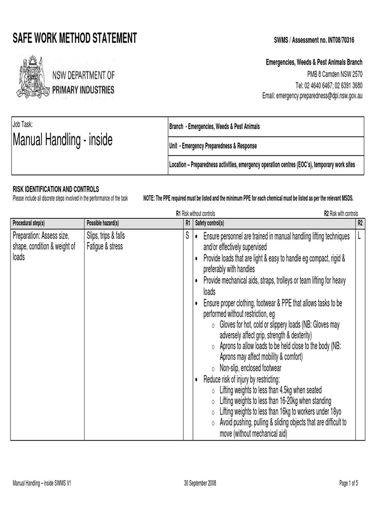 Manual Handling SWMS Guidelines | PDF | Forklift | Occupational Safety ...