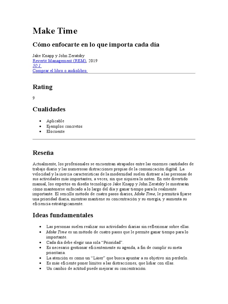 Make Time .Como Enfocarte en Lo Que Importa | PDF | Gestión del tiempo ...