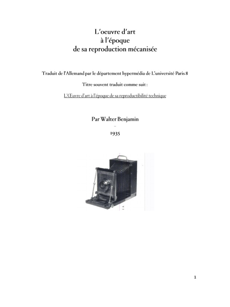 L'oeuvre D'art à L'époque De Sa Reproductibilité Technique Pdf