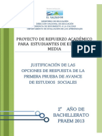 Justificación de Las Opciones de Respuesta de La Primera Prueba de Avance de Estudios Sociales – Segundo Año de Bachillerato (PRAEM 2013)