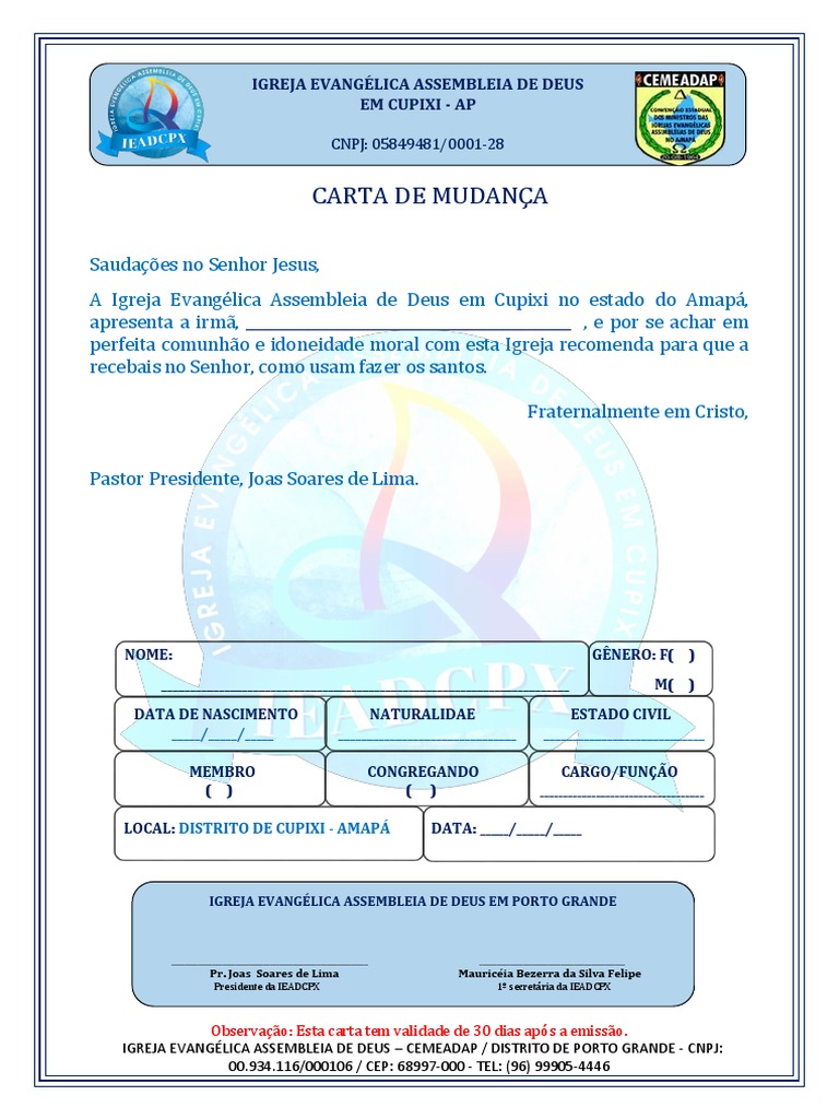 Carta de Mudança PDF Igreja cristã Famílias denominacionais cristãs