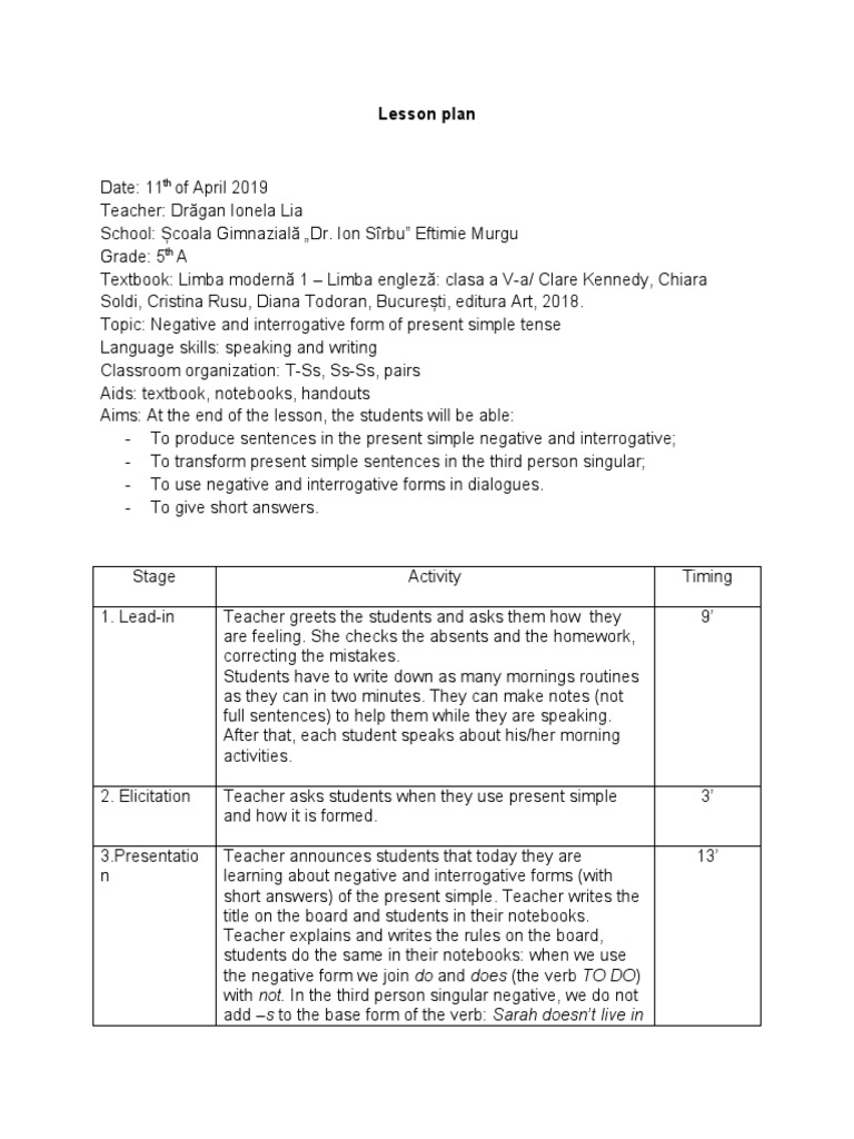 Present Simple Tense Lesson Plan | PDF | Question | Learning