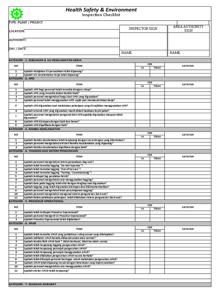 Formulir HSE Inspeksi | PDF