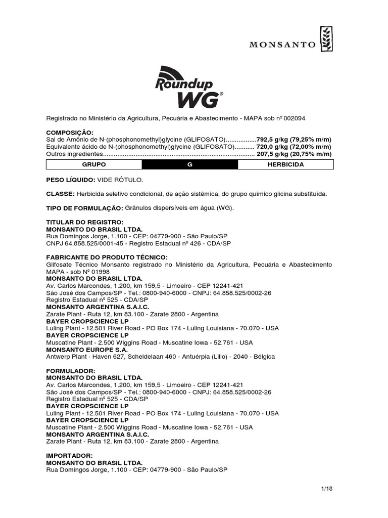 Roundup WG Bula Monsanto | PDF | Plantas | Agricultura arável