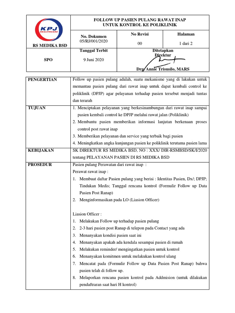 Prosedur Follow Up Pasien Pulang Ranap | PDF | Pengelolaan Keuangan ...