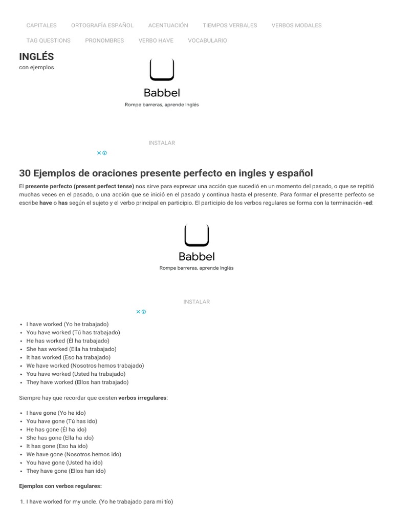 30 Ejemplos de Oraciones Presente Perfecto en Ingles y Español | PDF ...