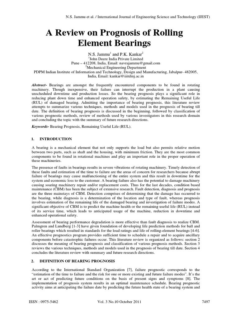 A Review On Prognosis of Rolling Element Bearings PDF Bearing